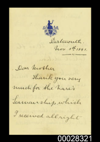 Letter from Arthur Pringle to his mother from HMS BRITANNIA