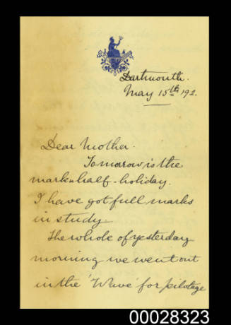 Personal letter from Arthur Pringle to his mother on HMS BRITANNIA letterhead