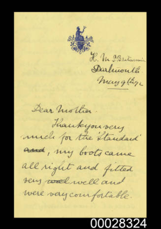 Letter from Arthur Pringle on HMS BRITANNIA to his mother