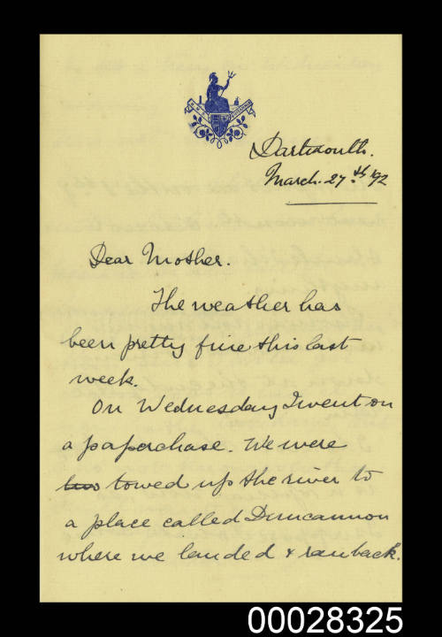 Letter from Arthur Pringle to his mother on HMS BRITANNIA letterhead