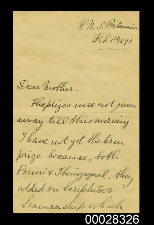 Two letters from Arthur Pringle from HMS BRITANNIA to his mother