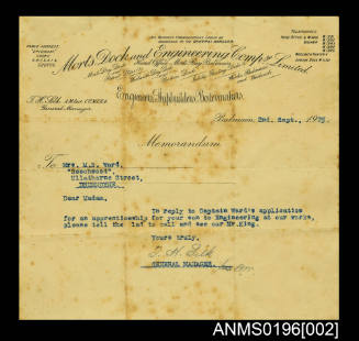 Letter from Thomas Hugh Silk, General Manager of Mort's Dock & Engineering Company Limited to Mrs M. B. Ward