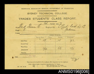 Trade Students Class Report for Thomas Charles Ward for course Fitting and Machining Stage 2