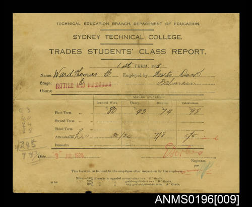 Trade Students Class Report for Thomas Charles Ward for course Fitting and Machining Stage 3