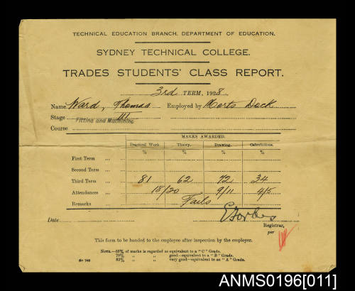 Trade Students Class Report for Thomas Charles Ward for course Fitting and Machining Stage 3