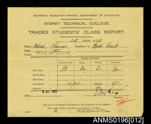 Trade Students Class Report for Thomas Charles Ward for course Fitting and Machining Stage 3