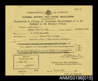 Permission slip to change or terminate employment or to be enlisted in the Defence Forces allowing Thomas Charles Ward to terminate his employment as a charge hand fitter as of 24 April 1945