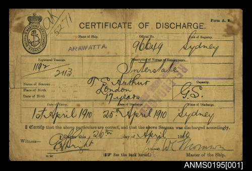 Certificate of Discharge No 5271 issued by Shipping Masters Department Sydney for seaman T S Arthur from ship ARAWATTA