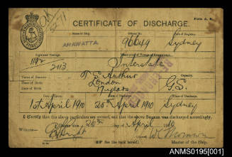 Certificate of Discharge No 5271 issued by Shipping Masters Department Sydney for seaman T S Arthur from ship ARAWATTA