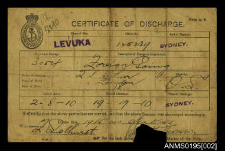 Certificate of Discharge No 2290 issued by Shipping Masters Department Sydney for seaman T S Arthur from ship LEVUKA