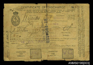 Certificate of Discharge No 173372 issued by Shipping Masters Department Sydney for seaman T S Arthur from ship WYANDRA
