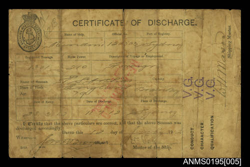 Certificate of Discharge No 6213 issued by Shipping Masters Department Sydney for seaman T S Arthur from ship MINDINI