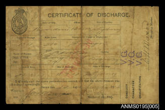 Certificate of Discharge No 6213 issued by Shipping Masters Department Sydney for seaman T S Arthur from ship MINDINI