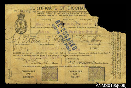 Certificate of Discharge No 190632 issued by Shipping Masters Department Sydney for seaman T S Arthur from ship MAKURA