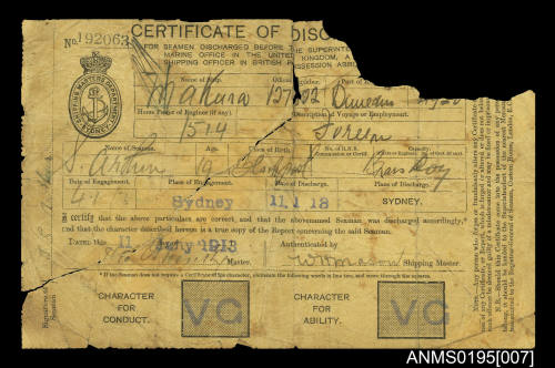 Certificate of Discharge No 192063 issued by Shipping Masters Department Sydney for seaman T S Arthur from ship MAKURA