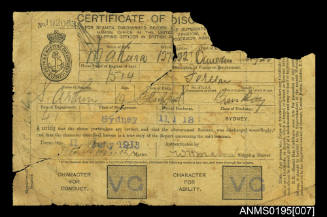 Certificate of Discharge No 192063 issued by Shipping Masters Department Sydney for seaman T S Arthur from ship MAKURA