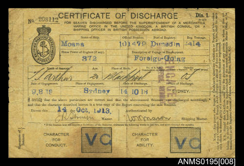 Certificate of Discharge No 208112 issued by Shipping Masters Department Sydney for T S Arthur from ship MOANA