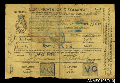 Certificate of Discharge No 221626 issued by Shipping Masters Department Sydney for T S Arthur from ship TIONE