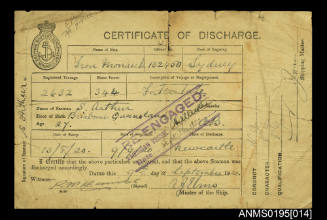 Certificate of Discharge No 236801 issued by Shipping Masters Department Newcastle for seaman S Arthur from ship IRON MONARCH