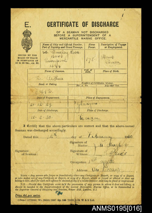 Certificate of Discharge No Unknown issued by The Board of Trade London E1 for seaman S Arthur from ship DUDLEY ROSTE