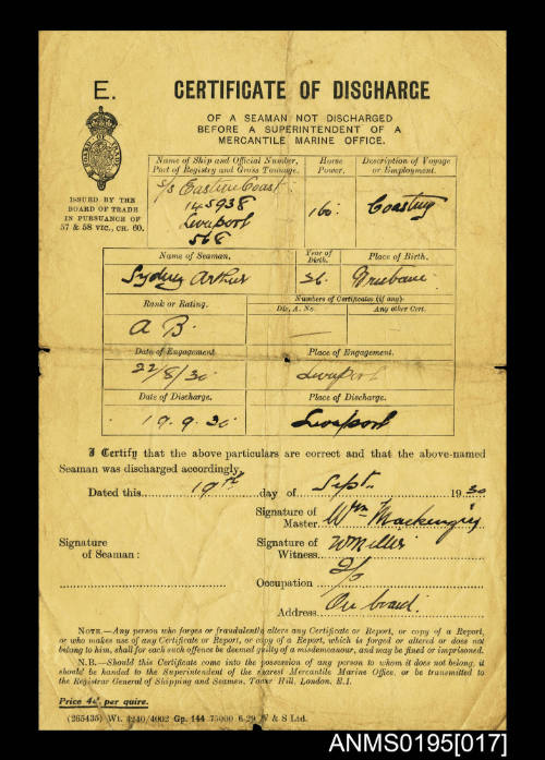 Certificate of Discharge No Unknown issued by the Board of Trade London E1 for seaman Sydney Arthur from ship THE EASTERN COAST