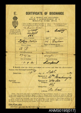 Certificate of Discharge No Unknown issued by the Board of Trade London E1 for seaman Sydney Arthur from ship THE EASTERN COAST