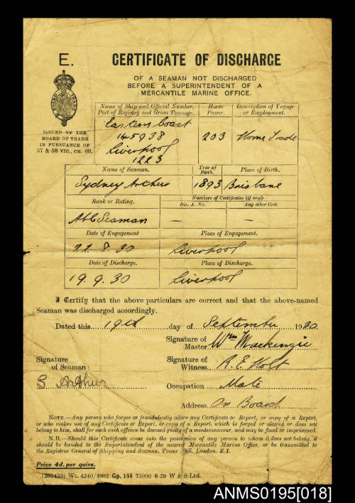 Certificate of Discharge No Unknown issued by the Board of Trade London E1 for seaman Sydney Arthur from ship THE EASTERN COAST