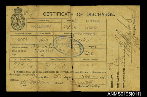 Certificate of Discharge No 1220 issued by Shipping Masters Department Sydney for T S Arthur from ship WOLLOWRA