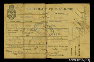 Certificate of Discharge No 1220 issued by Shipping Masters Department Sydney for T S Arthur from ship WOLLOWRA