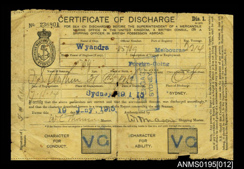 Certificate of Discharge No 236801 issued by Shipping Masters Department Sydney for seaman T S Arthur from ship WYANDRA