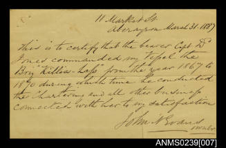 Handwritten letter recommending Captain David Jones to future employers