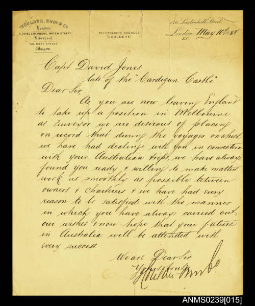 Handwritten letter recommending Captain David Jones to future employers