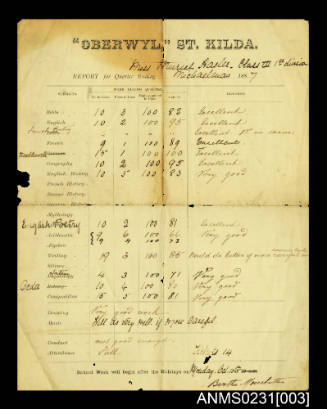 Oberwyl St Kilda school report for Muriel Hasler Class III 1st Division for quarter ending Michaelmas 1887
