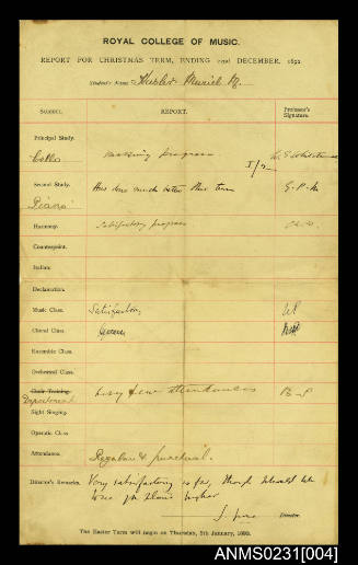 Royal College of Music Report for Christmas term ending 22 December 1892 - Student's name Muriel M. Hasler