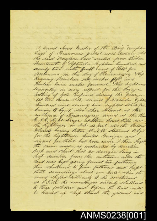 Handwritten Account of the Wreck of ANGLESEA  LASS by Captain David Jones