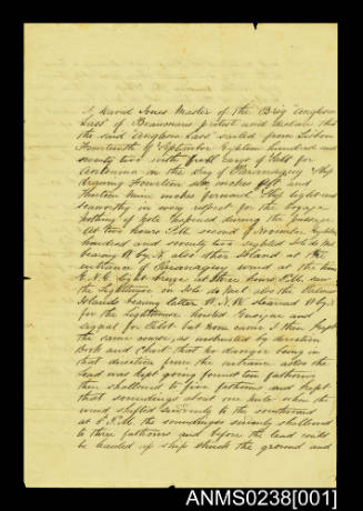 Handwritten Account of the Wreck of ANGLESEA  LASS by Captain David Jones