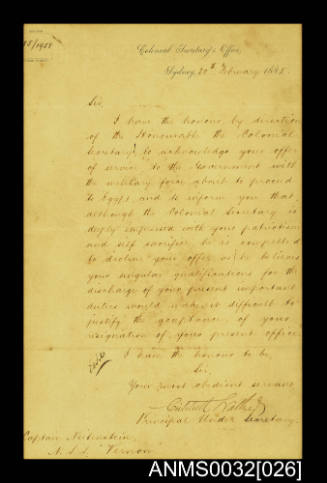 Letter addressed to Captain Neitenstein NSS VERNON from the Colonial Secretary's Office