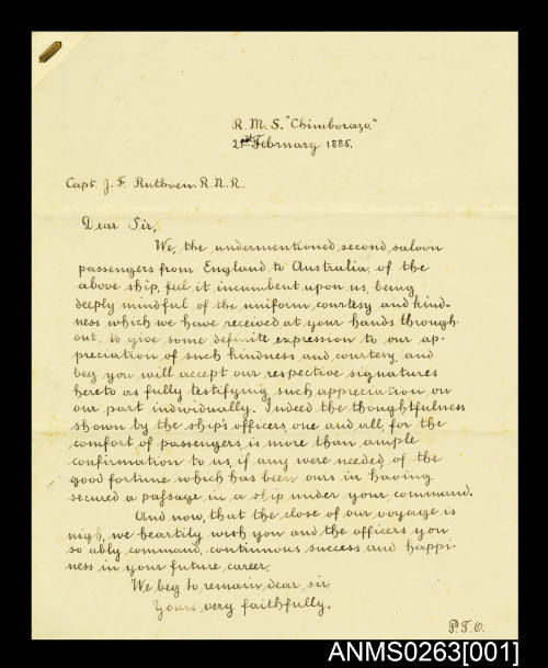 Testimonial from the second saloon passengers of SS CHIMBORAZO to Captain Ruthven