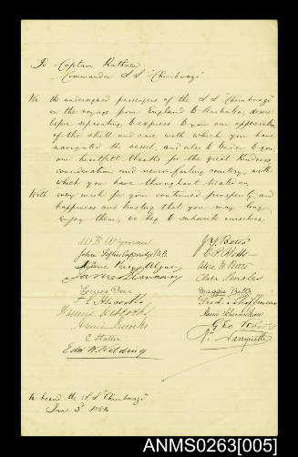 Manuscript Testimonial from the Passengers of the SS CHIMBORAZO to Captain Ruthven