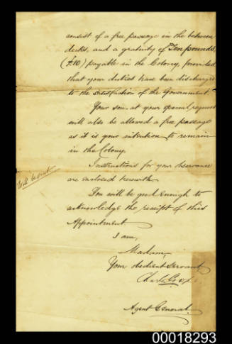 Part of a Letter to Mary Armstrong from the New South Wales Agent General Charles Cowper