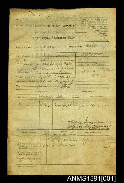 Certificate of Service of Jack Cyril Bray in the Royal Australian Navy