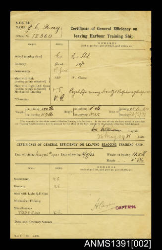 Certificate of General Efficiency on leaving Harbour Training Ship for Jack Cyril Bray