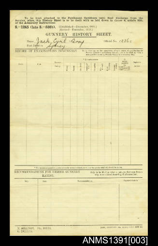 Gunnery History Sheet for naval rating Jack Cyril Bray
