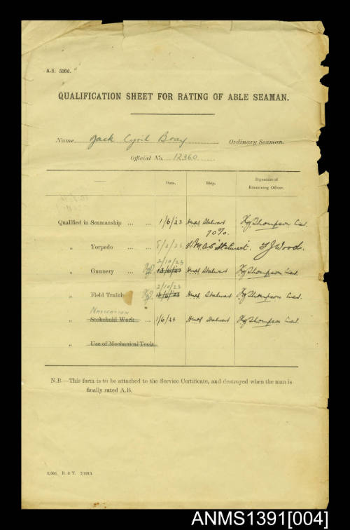 Qualification Sheet for Rating of Able Seaman for Jack Cyril Bray