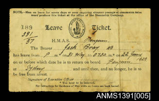 Leave ticket from HMAS PENGUIN (II) for Jack Cyril Bray