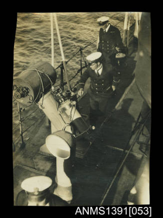 Photograph depicting a bird's eye view of a ship's starboard