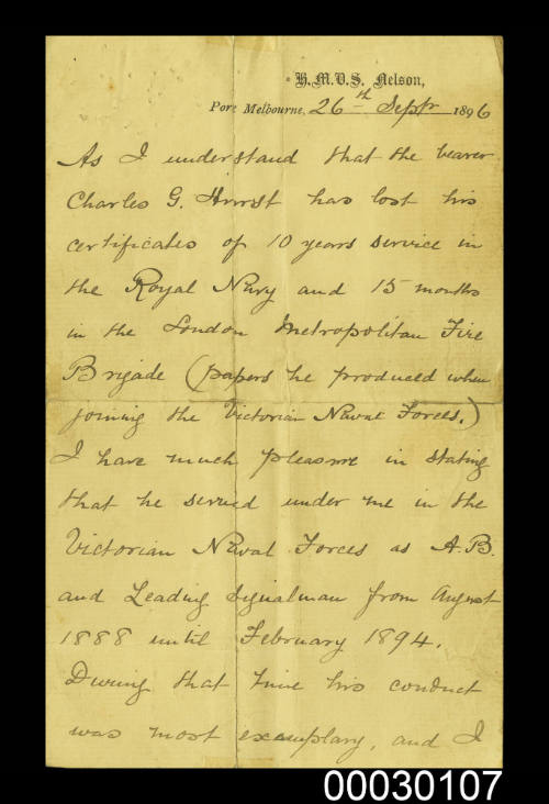 Reference letter for Charles Hurst from Gunnery Lieutenant Colquhoun