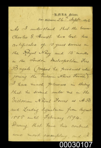 Reference letter for Charles Hurst from Gunnery Lieutenant Colquhoun