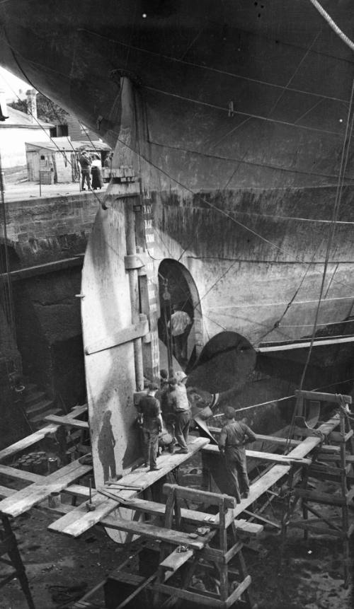 Rudder section of a ship being worked on