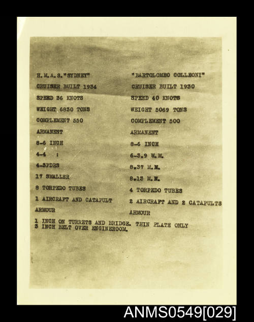 Photograph depicting a list with the techincal details of HMAS SYDNEY and BARTOLOMEO COLLEONI